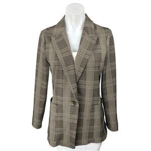 H&M Women's Brown Beige Plaid Peak Long Sleeve Blazer Coat Suit Jacket Size 6